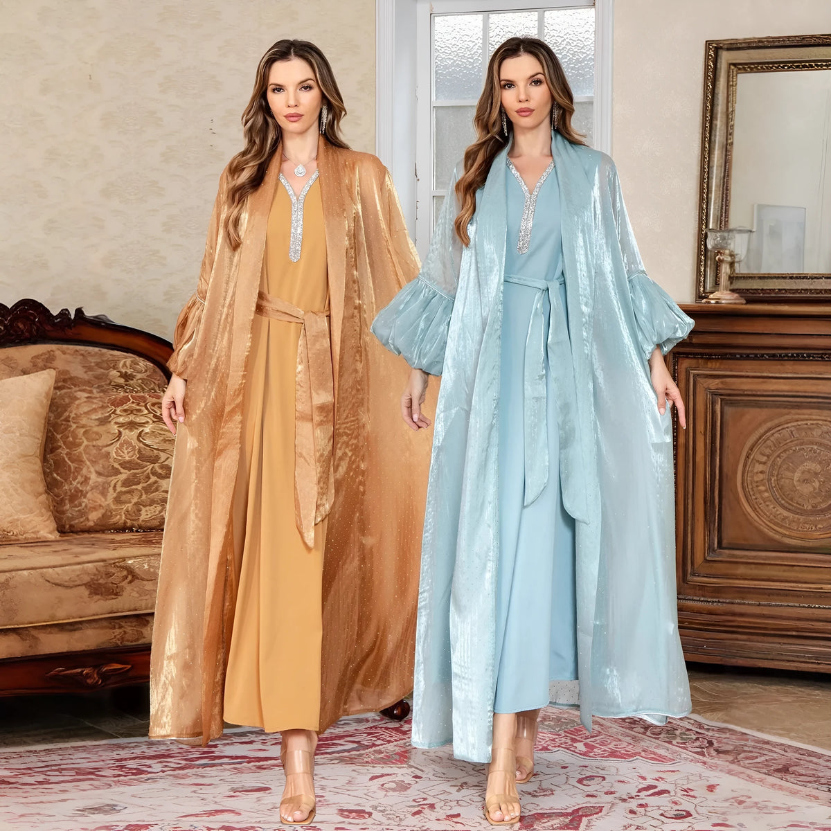 Blue Dubai two-piece Arabic dress with rhinestone embellishment and long sleeves