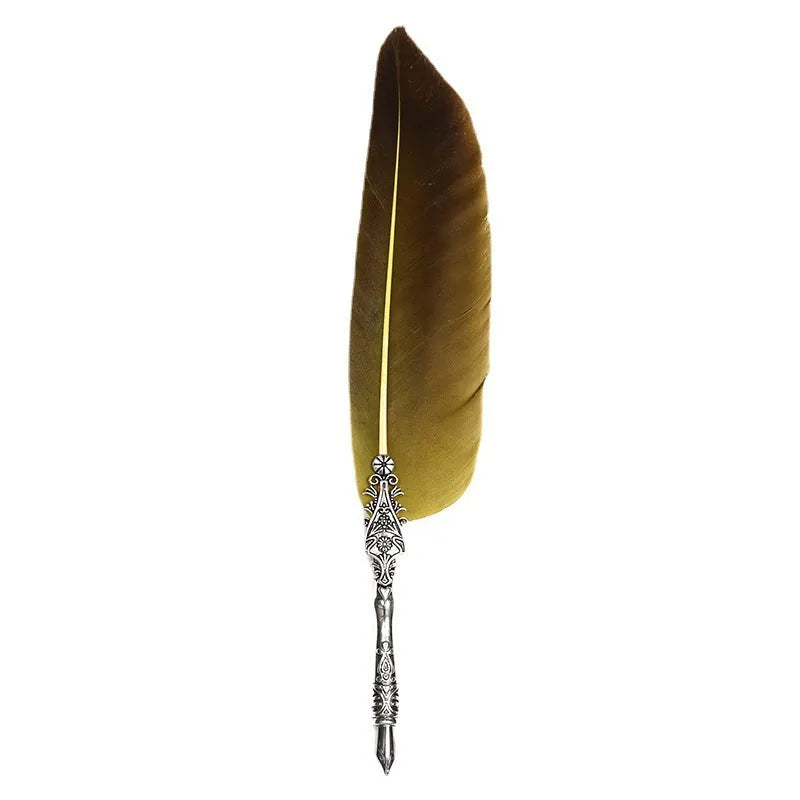 Vintage zinc alloy feather dip pen in retro style measuring 30 cm long