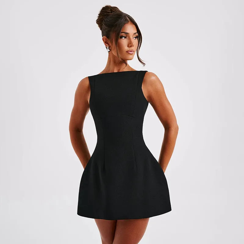 Women's slim-fitting backless sleeveless dress in a sling style with a high waist and short skirt.