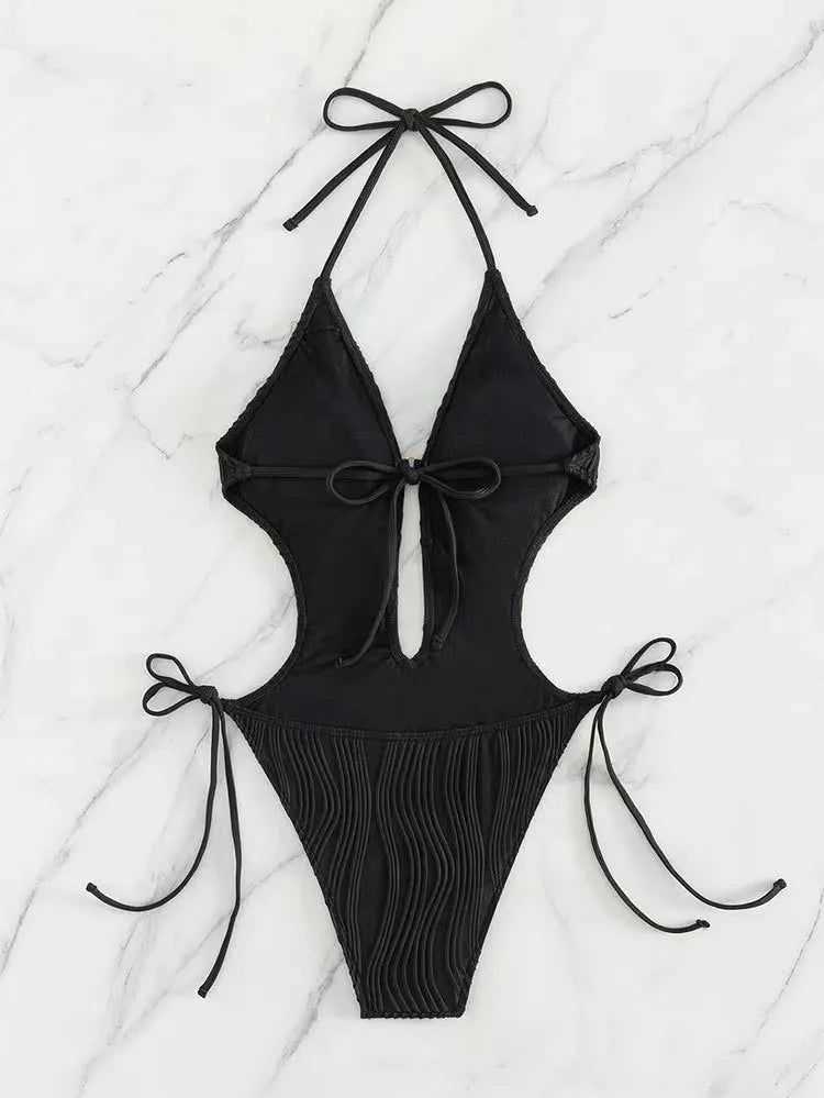 Women's black lace up triangle bikini swimsuit with solid colour design