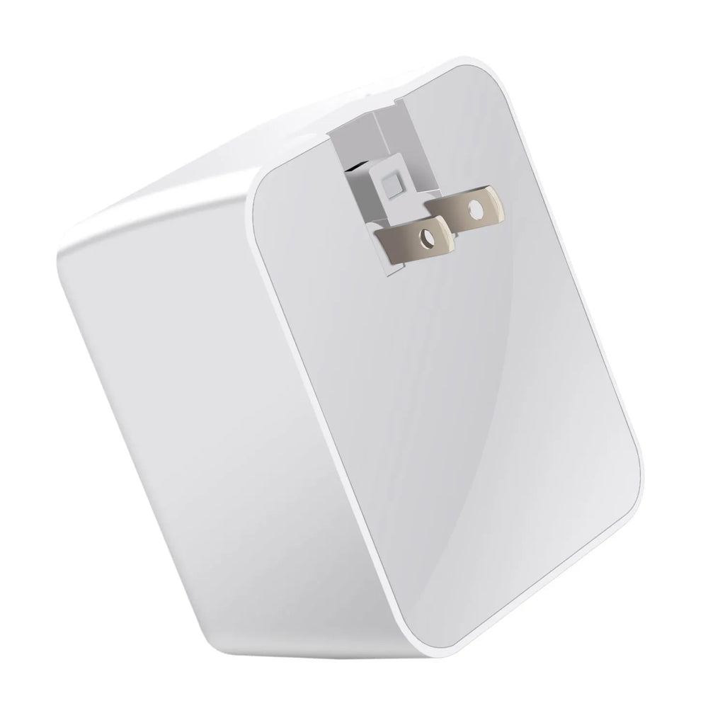 White 4-port travel charger with smart display and selectable international plugs including UK US EU AU standards