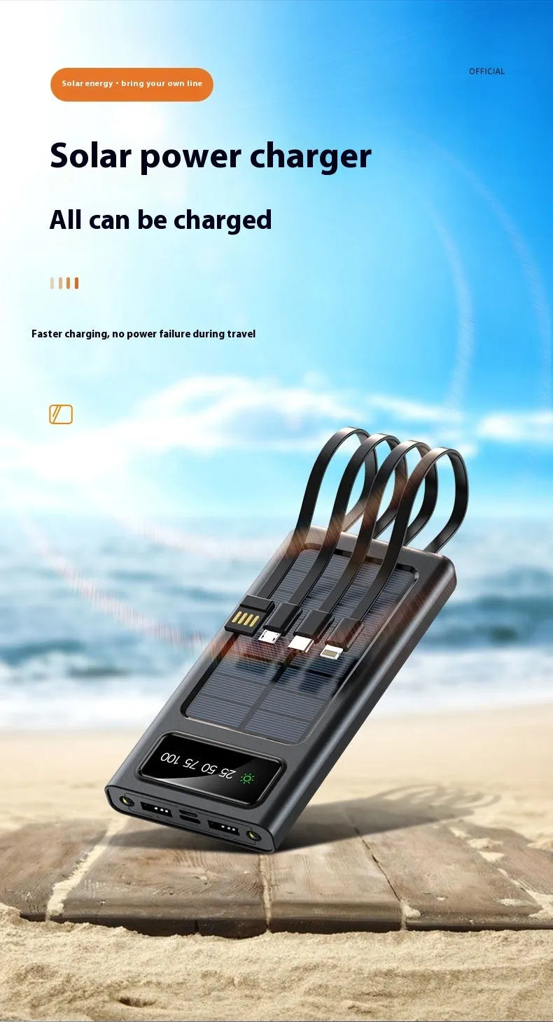 Solar portable power bank with 20000mAh capacity in black or white colours showing creative design
