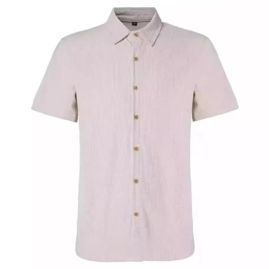 Men's off-white waffle short-sleeved shirt with small square collar and brown buttons, slim fit, sizes S-XXL.