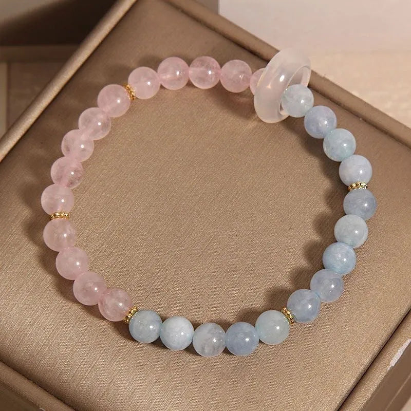 Women's aquamarine crystal bracelet set with dopamine pink and blue colour options and geometric design