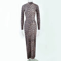 Leopard print stand collar long sleeve dress with high waist and hip skirt silhouette