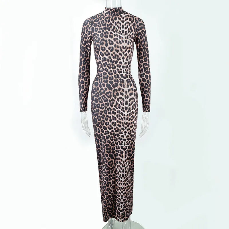 Leopard print stand collar long sleeve dress with high waist and hip skirt silhouette
