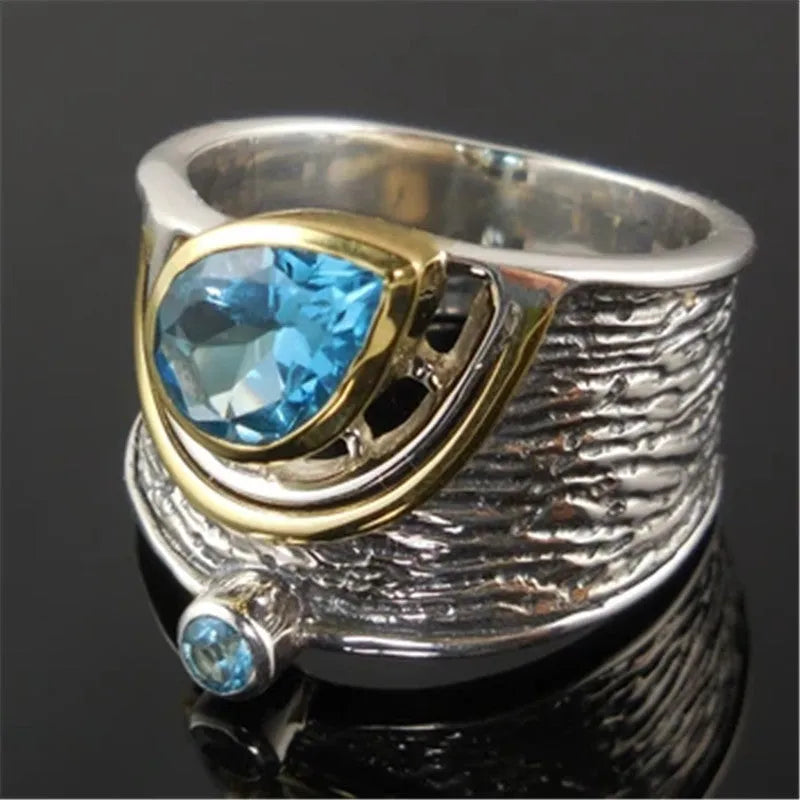 Chinese style women's blue rhinestone zircon ring with drop shape design on alloy band