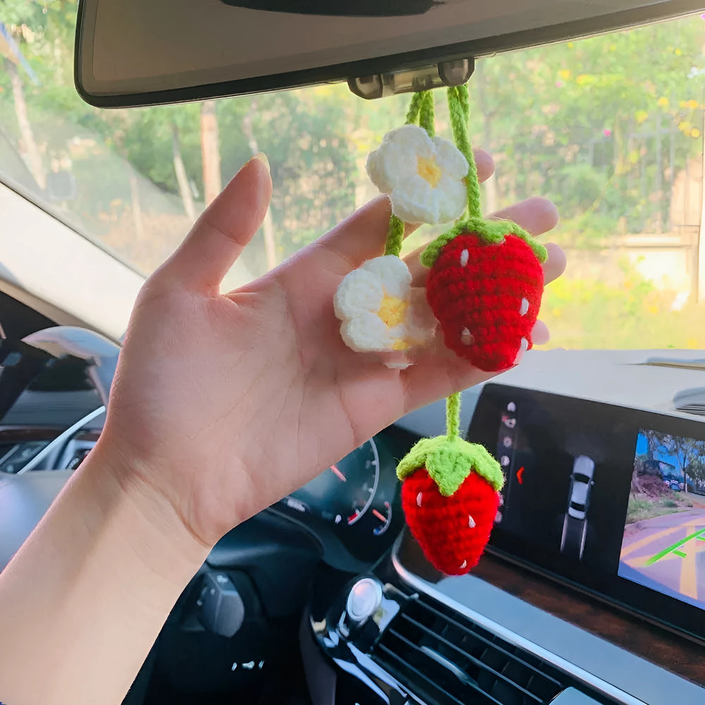 Handmade strawberry car pendant woven from cotton and hemp materials
