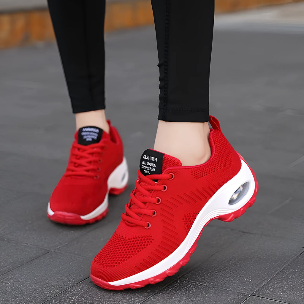 Women's red round toe mesh sneakers with front lace-up and 3-5cm mid heel for sports