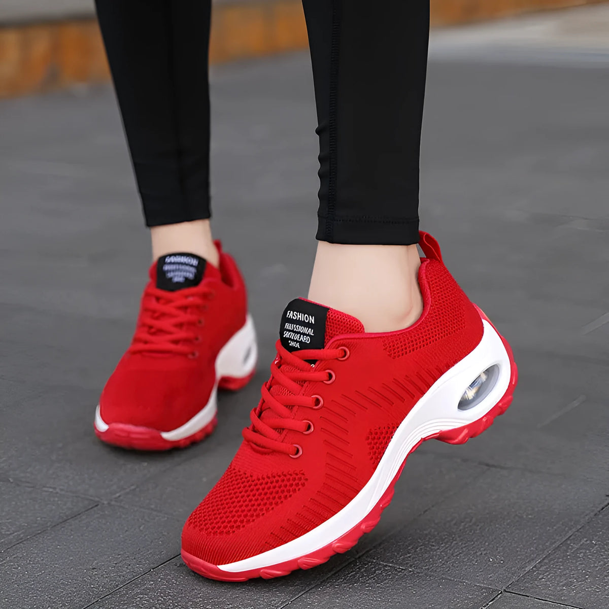 Women's red round toe mesh sneakers with front lace-up and 3-5cm mid heel for sports