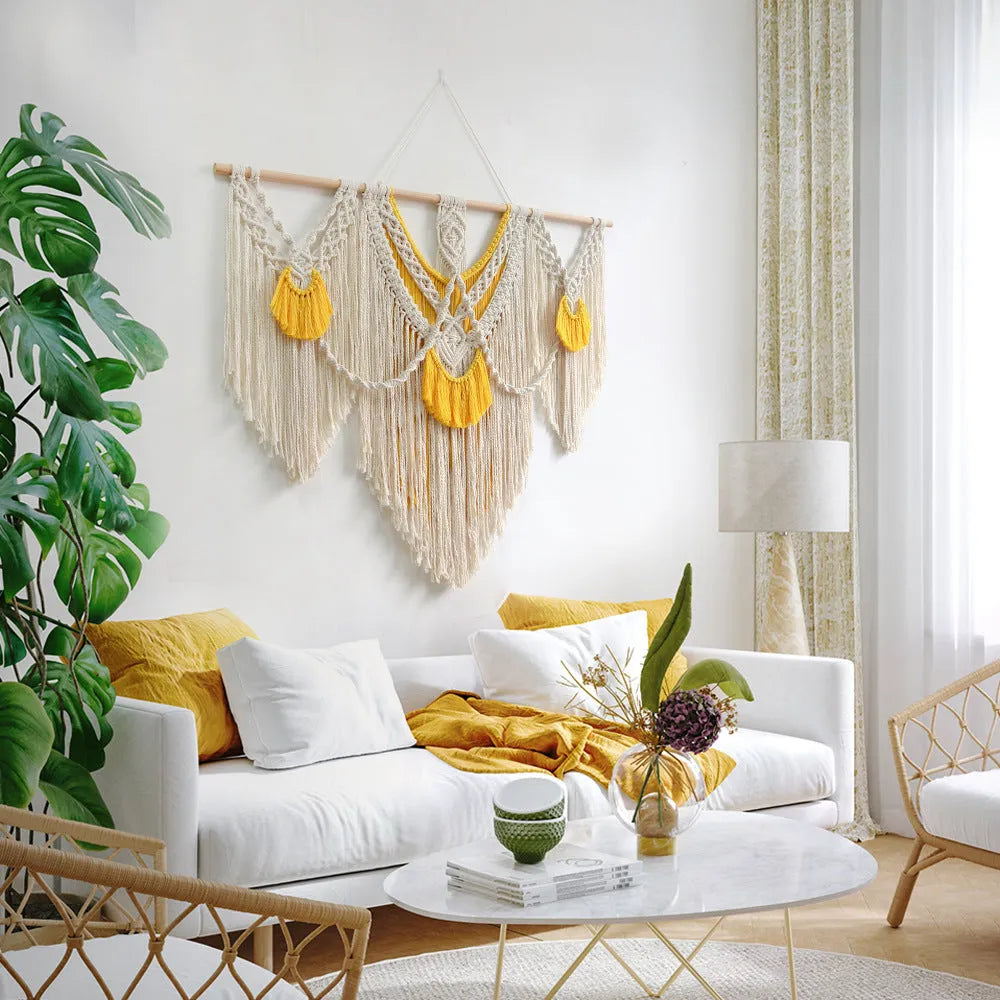 Nordic style hand-woven cotton tapestry with creamy-white background and yellow accents, 120x95cm