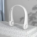 White USB charging portable bladeless neck fan showing flexible neckband and streamlined airflow outlet