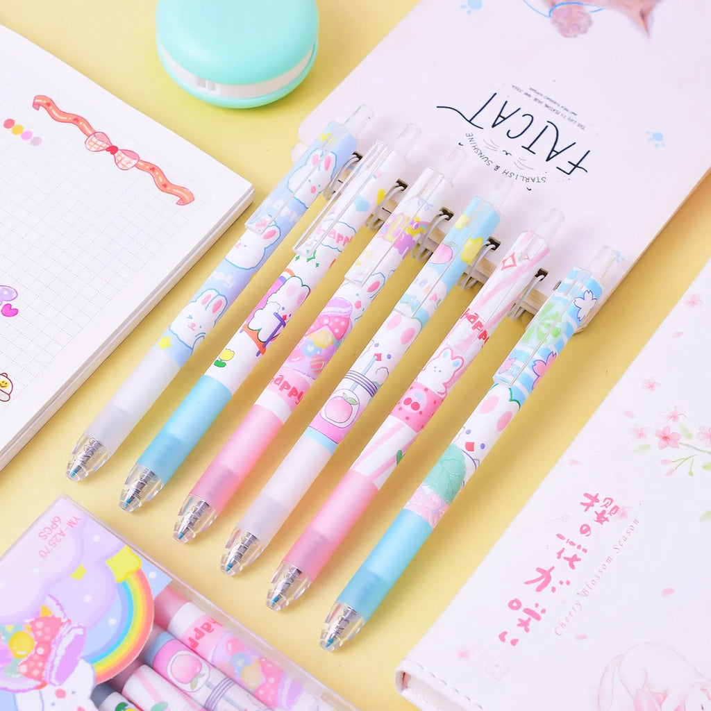Six black gel pens with 0.5mm tips and cartoon bunny designs on plastic shells