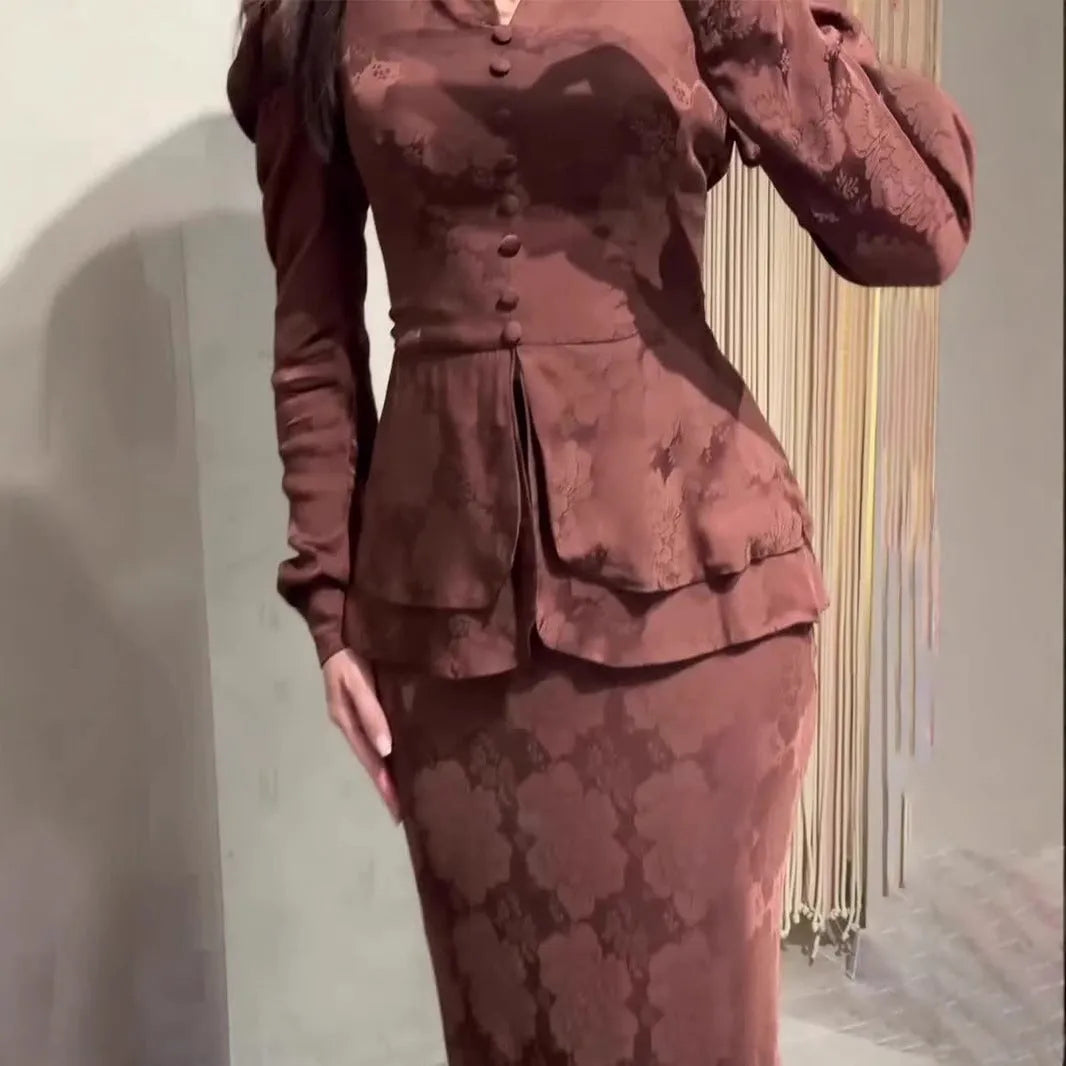 Dark brown women's long sleeve retro dress with a fake two-piece design and floral pattern.