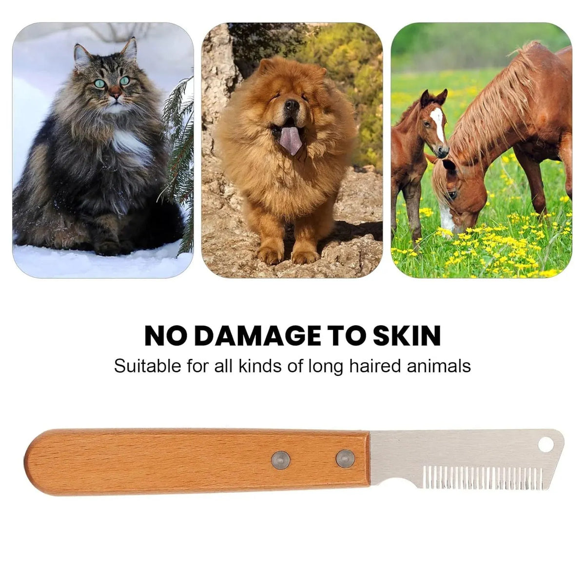 Pet stripping comb with wood handle and metal teeth for grooming cats and dogs.