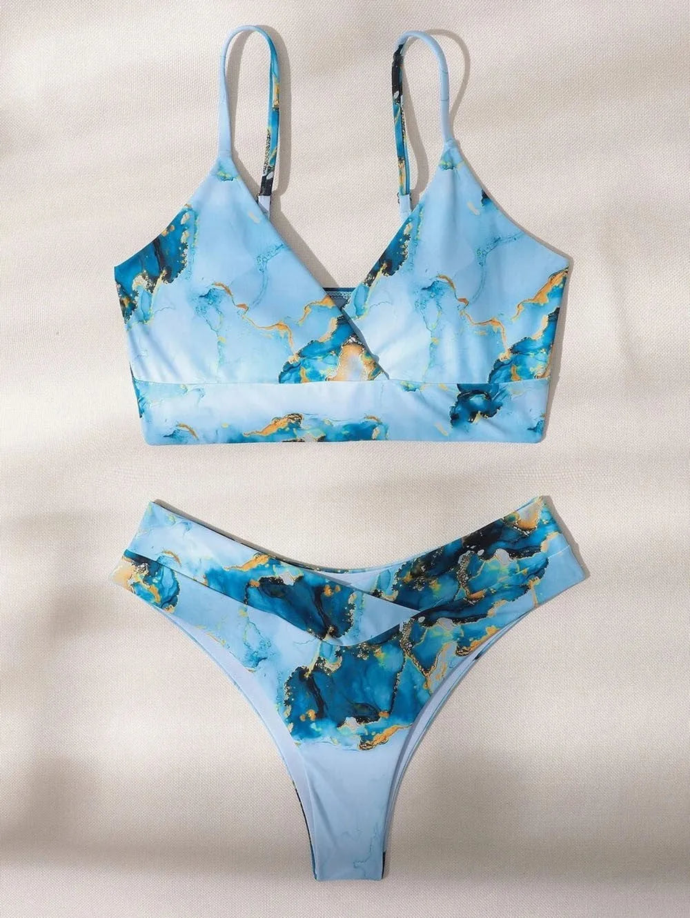 Women's high waist marble tie-dye bikini with U-neck top and separate swimwear pieces