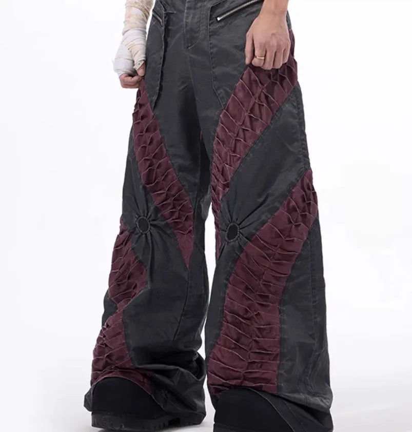 Retro grey three-dimensional keel casual sports pants on a model, showing straight hem and tight fit.