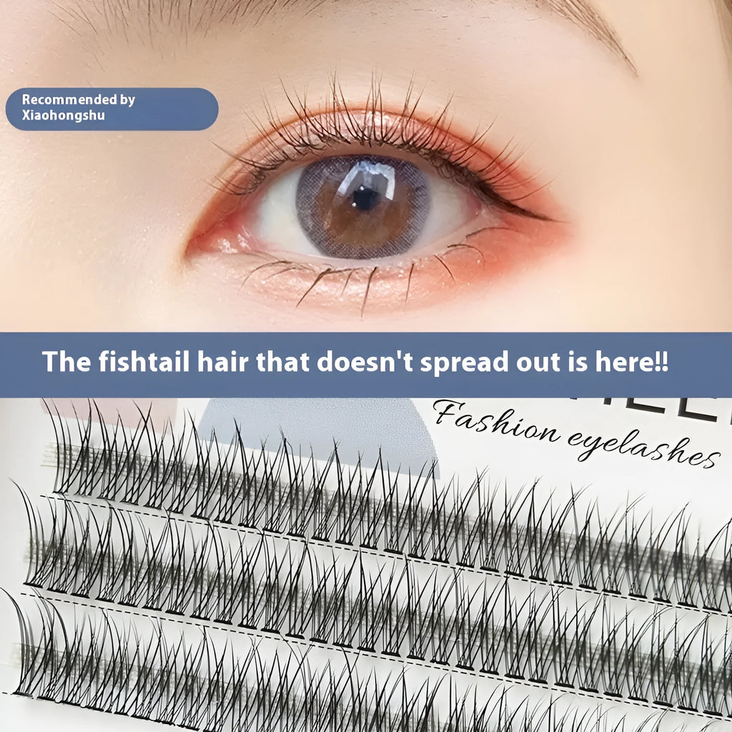 V-shaped fairy fishtail false eyelashes with thick black segments in graduated lengths on clear band