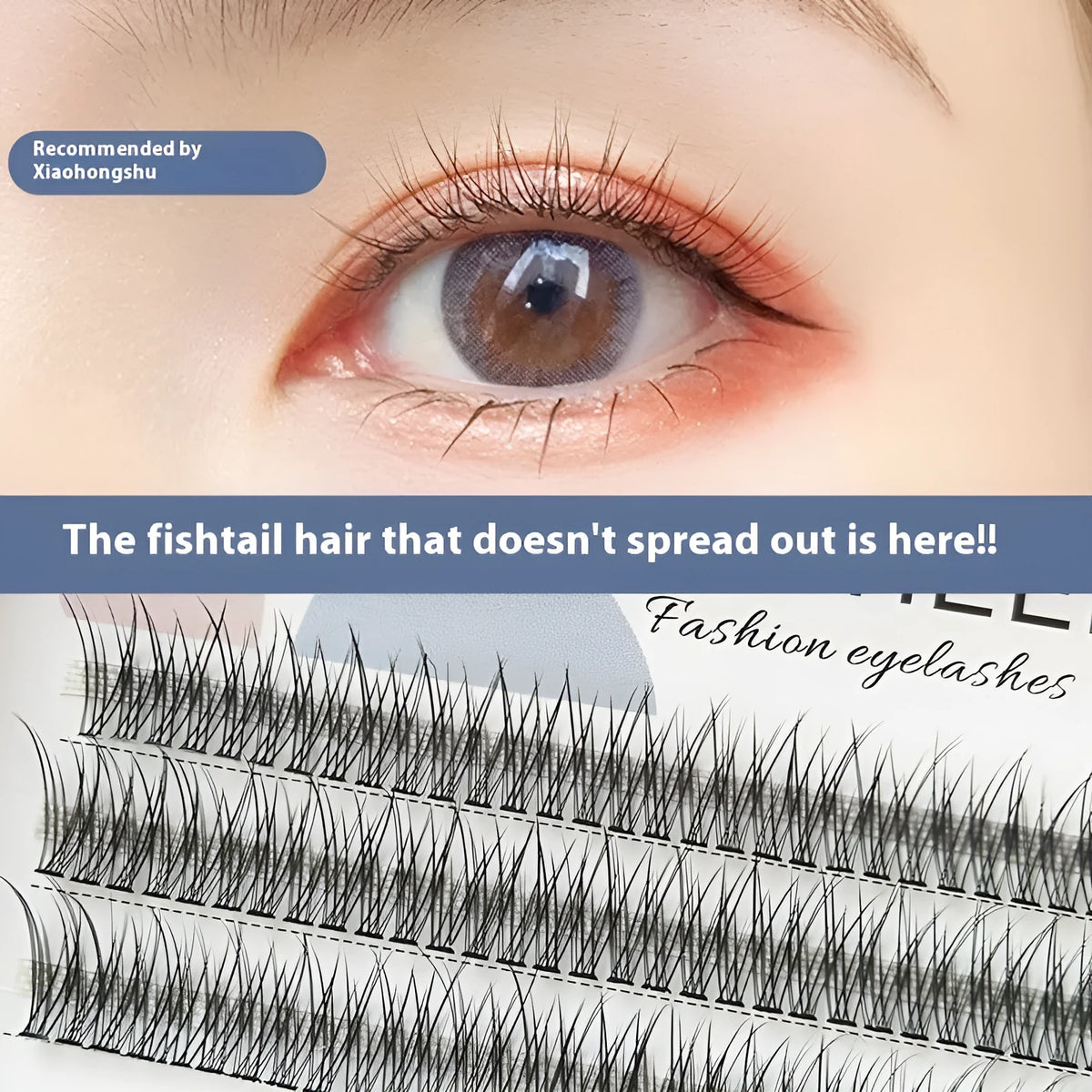 V-shaped fairy fishtail false eyelashes with thick black segments in graduated lengths on clear band