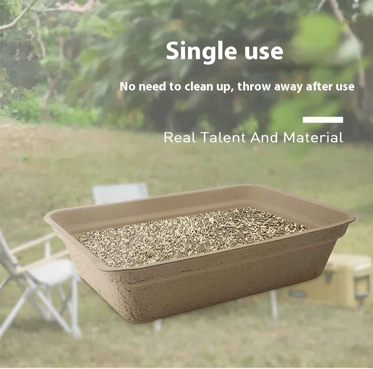 Brown disposable biodegradable cat litter box shown in three different size options for pet waste management