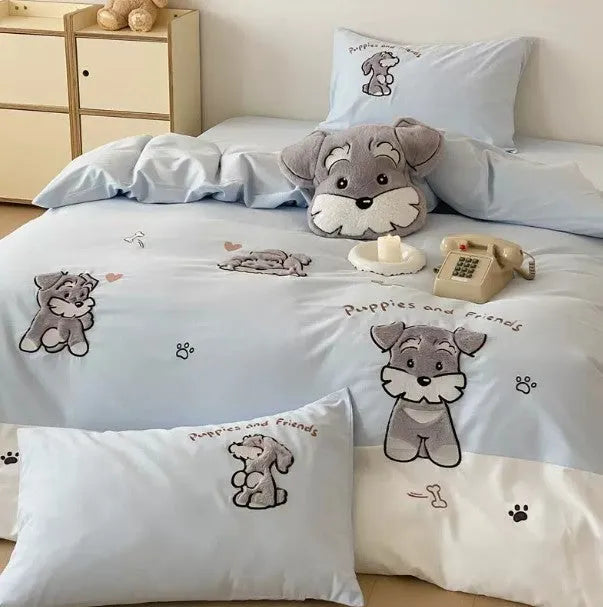 Schnauzer cartoon pattern bedding set with embroidery on duvet cover, sheet and pillowcases
