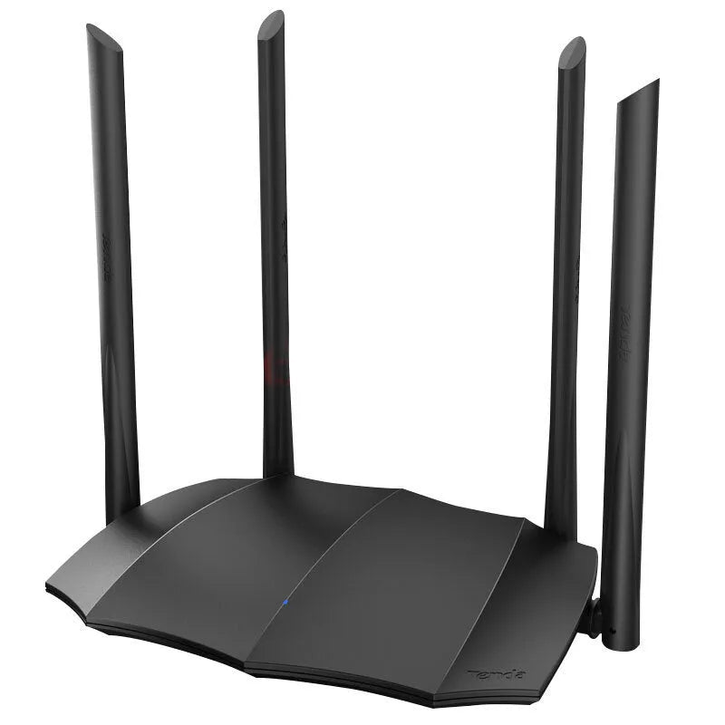 Dual-band wireless router with multiple gigabit Ethernet ports on rear panel