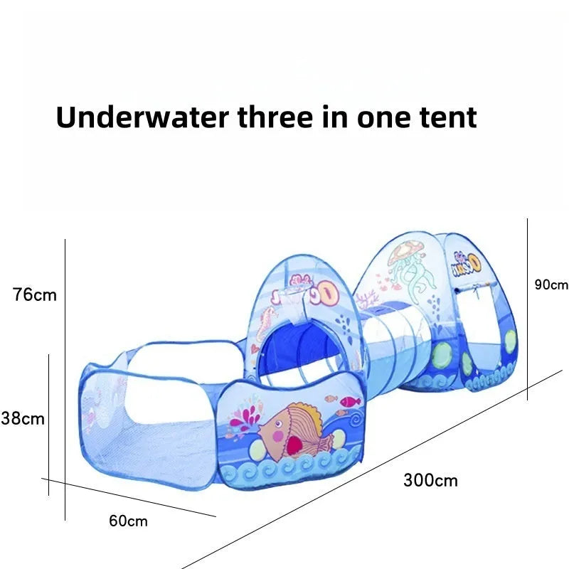 Three-in-one children's play tent centre with ball pool and tunnel in marine cartoon theme