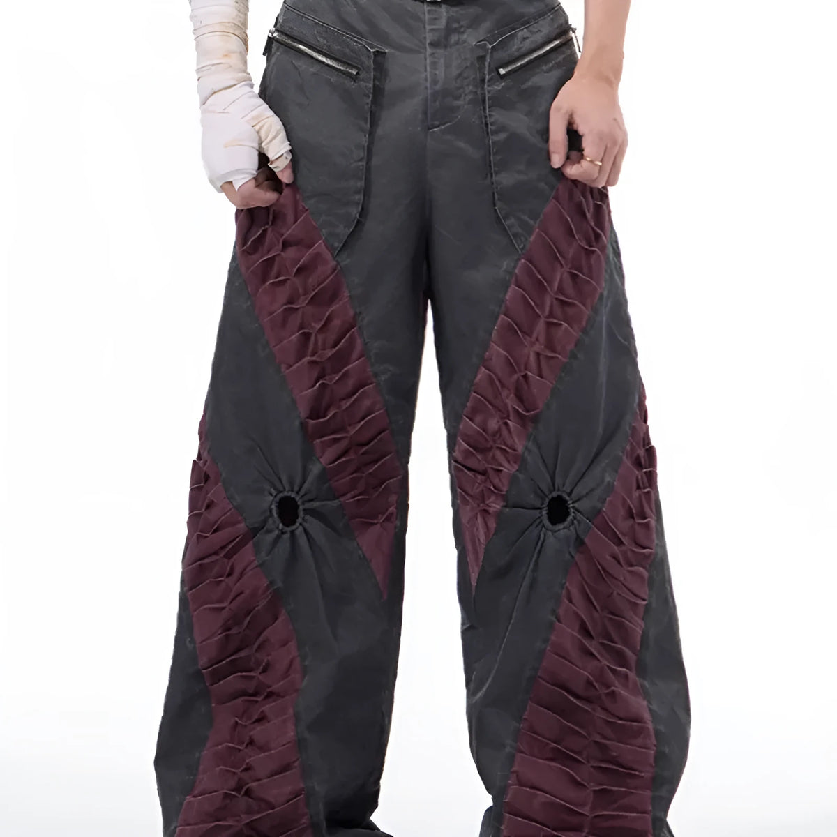 Retro grey three-dimensional keel casual sports pants on a model, showing straight hem and tight fit.