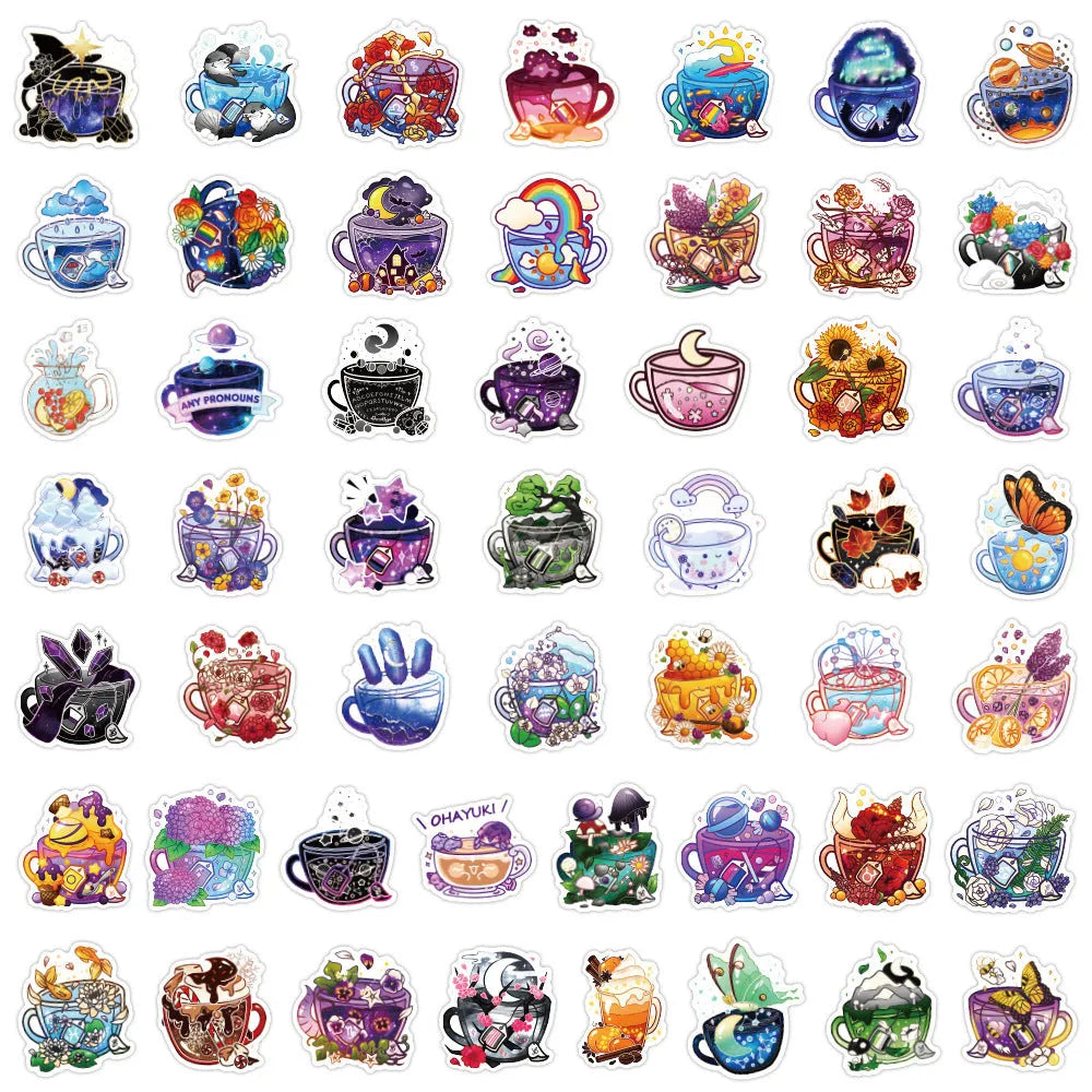 Colourful tea cup design waterproof graffiti stickers for scooters and luggage customisation