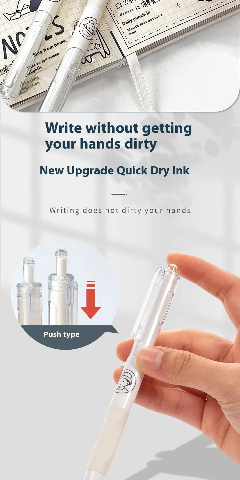 Five white plastic ballpoint pens with 0.5mm black ink tips for quick-drying writing