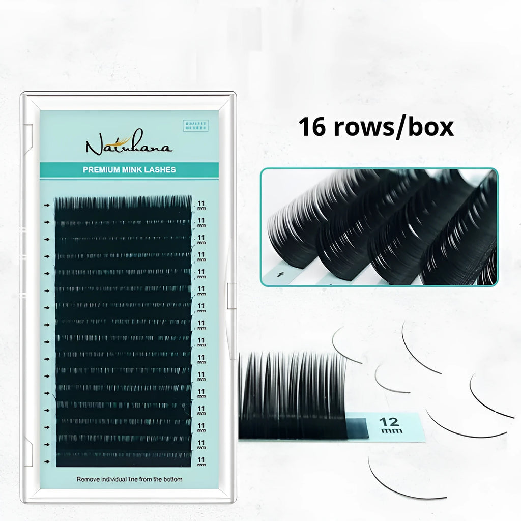 Artificial fibre velvet false eyelashes showing range of lengths from 7mm to 15mm
