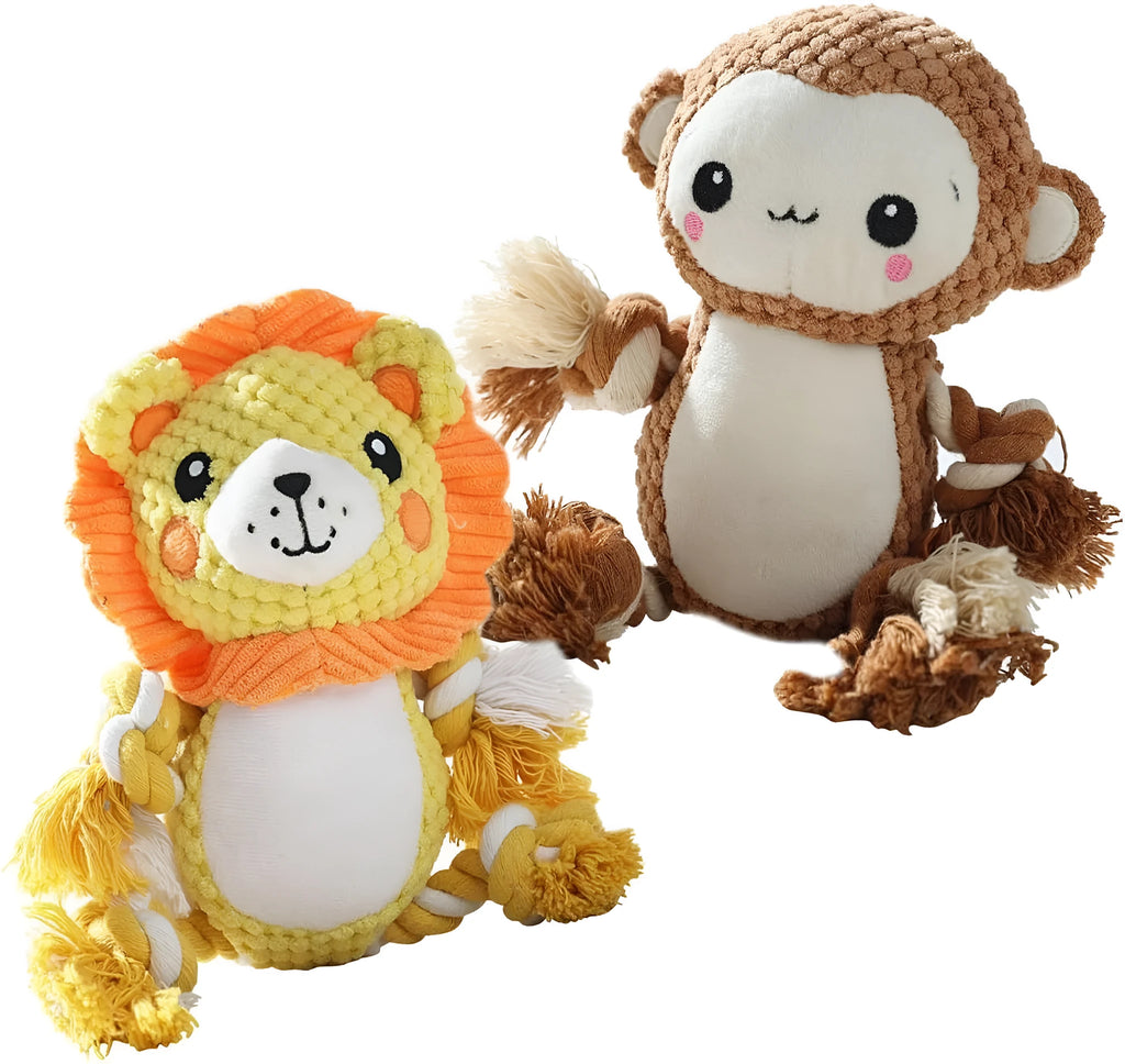 Lion and monkey soft plush squeaky dog toys side by side