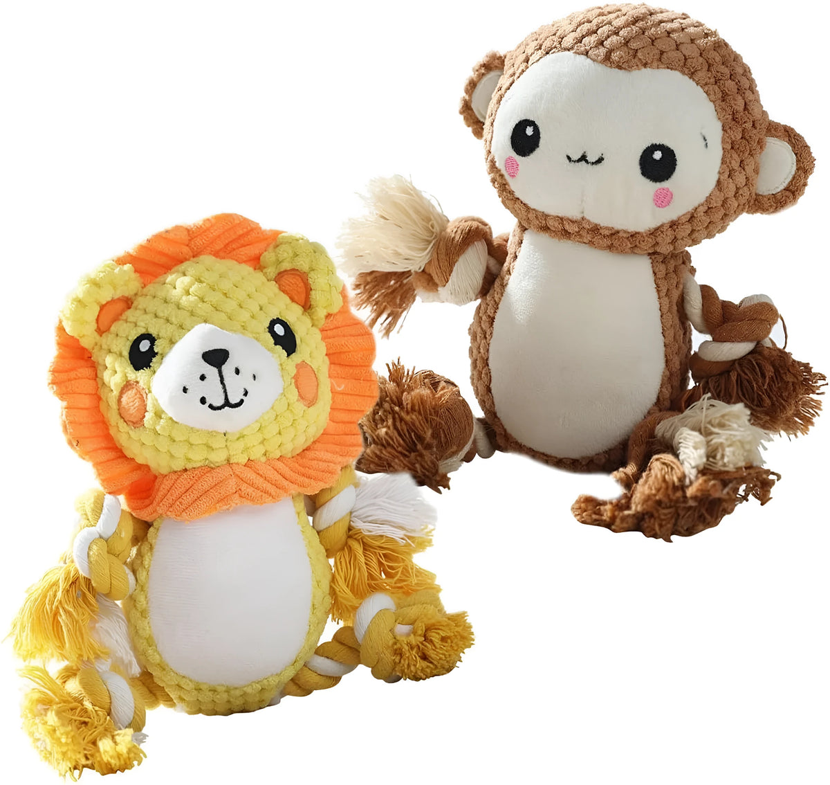 Lion and monkey soft plush squeaky dog toys side by side