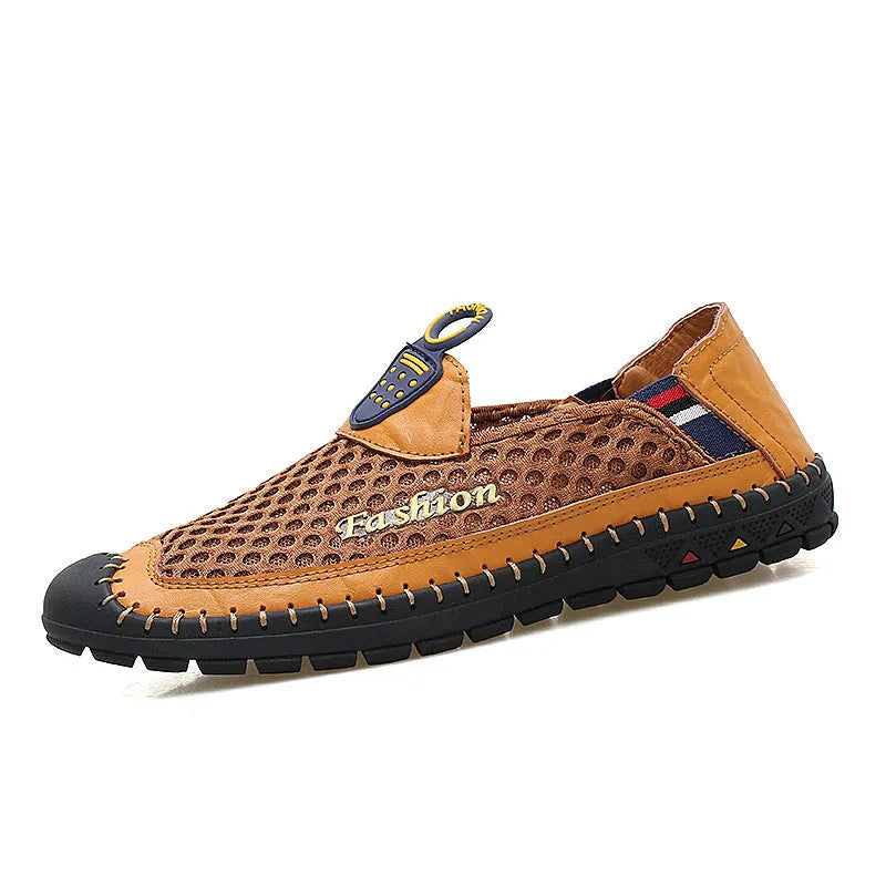 Men's brown mesh casual shoes with round toe and rubber sole on a plain background