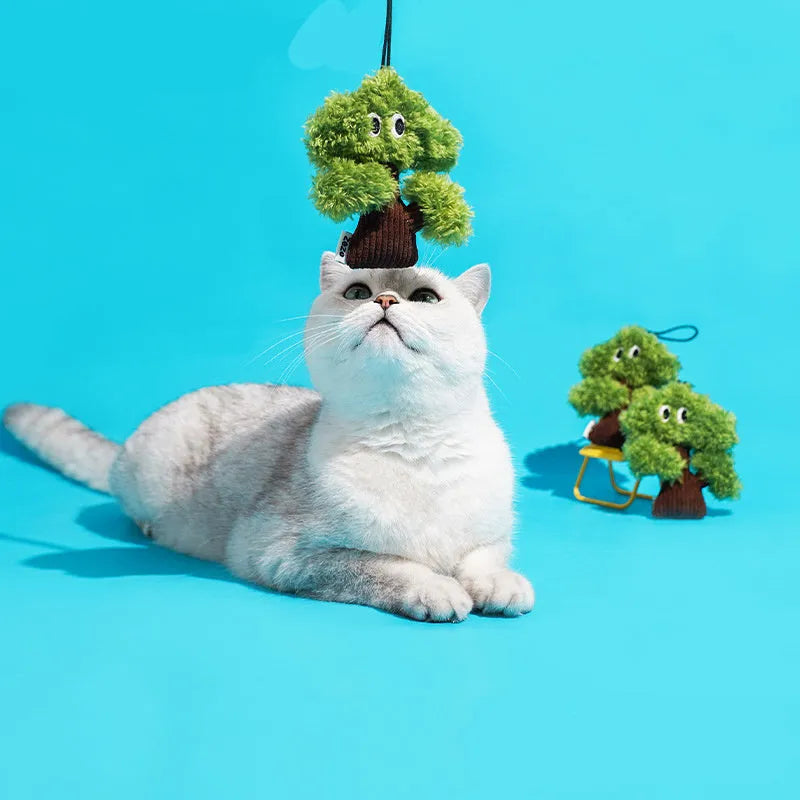Pine tree shaped cat mint toy bag pendant with hanging cord and teasing stick