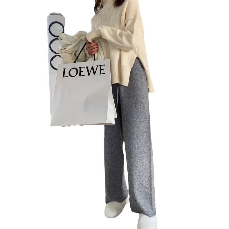 Women's thick knitted high waist wide-leg trousers in straight-leg cut for winter casual wear