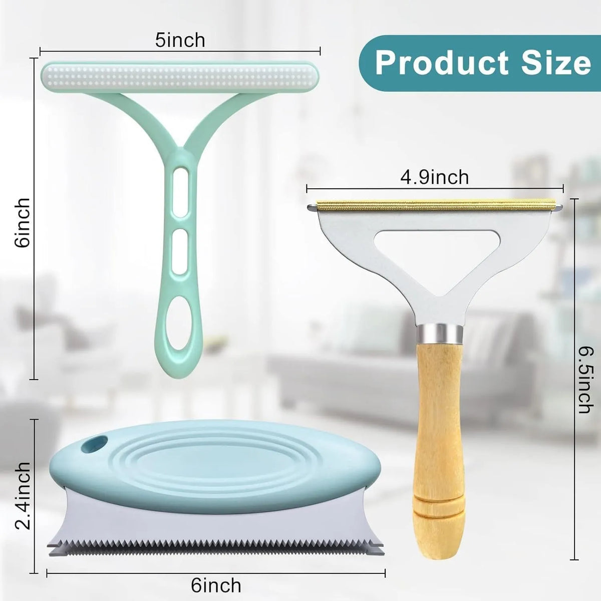 Three-piece pet hair remover set showing metal scraper, silicone lint brush, and round upholstery cleaner