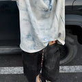 Korean loose fit T-shirt with distressed printing and tie-dye effects on polyester fabric