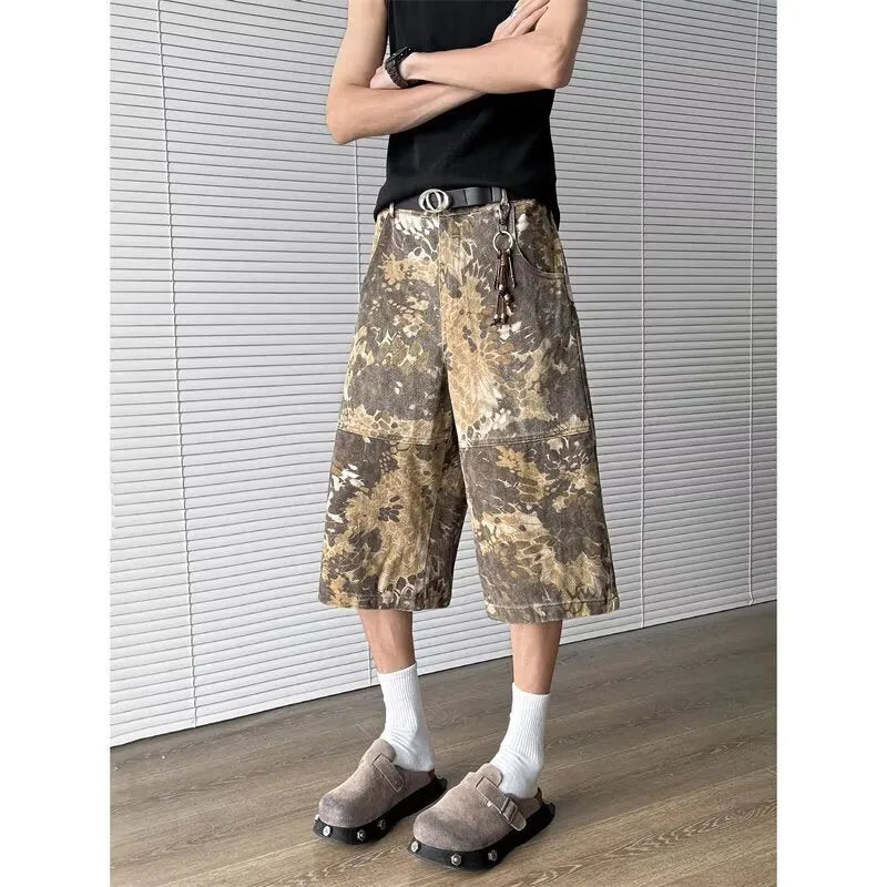 Yellow snake pattern camouflage cropped jeans in denim with cotton fabric
