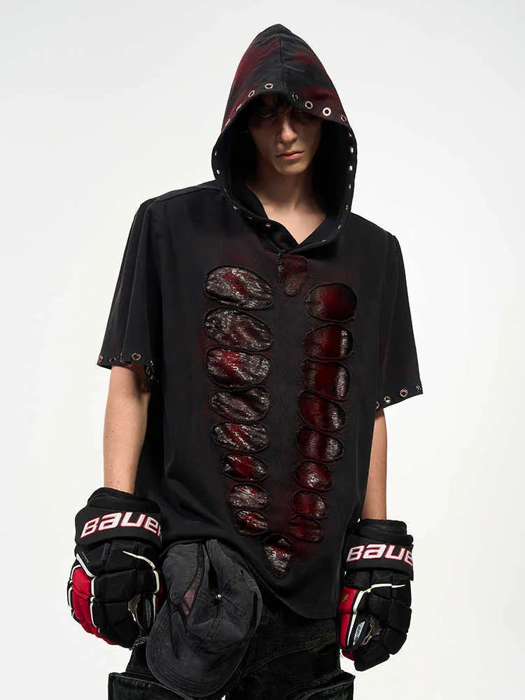 Black men's loose-fitting hooded t-shirt with short sleeves and sequin detailing.