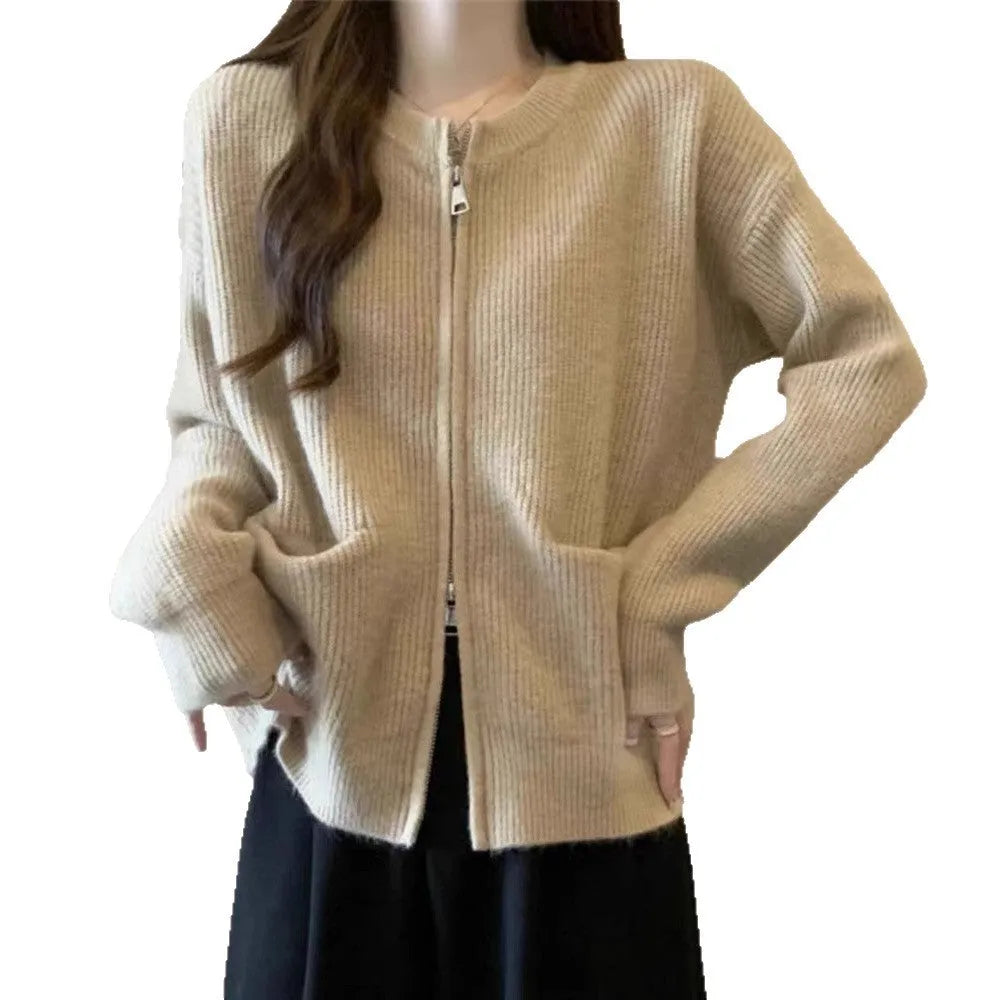 Beige temperature-sensitive viscose fibre long sleeve cardigan coat shown open