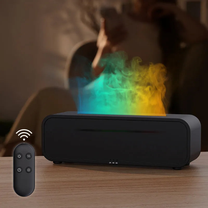 Black cylindrical aroma diffuser with colour-changing LED lights and remote control