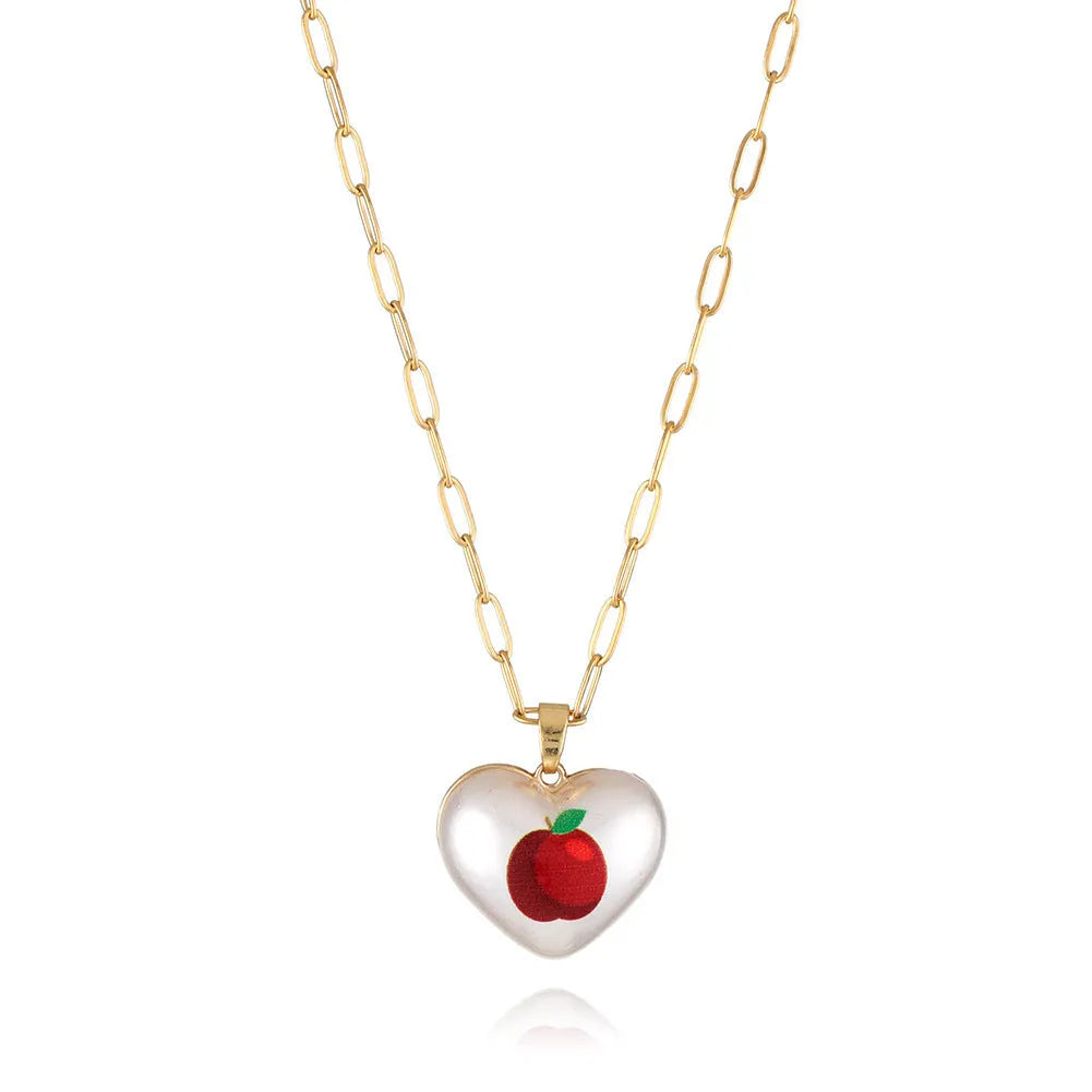 Geometric heart necklace with fruit pendant on adjustable chain in apple cherry pear pineapple strawberry designs