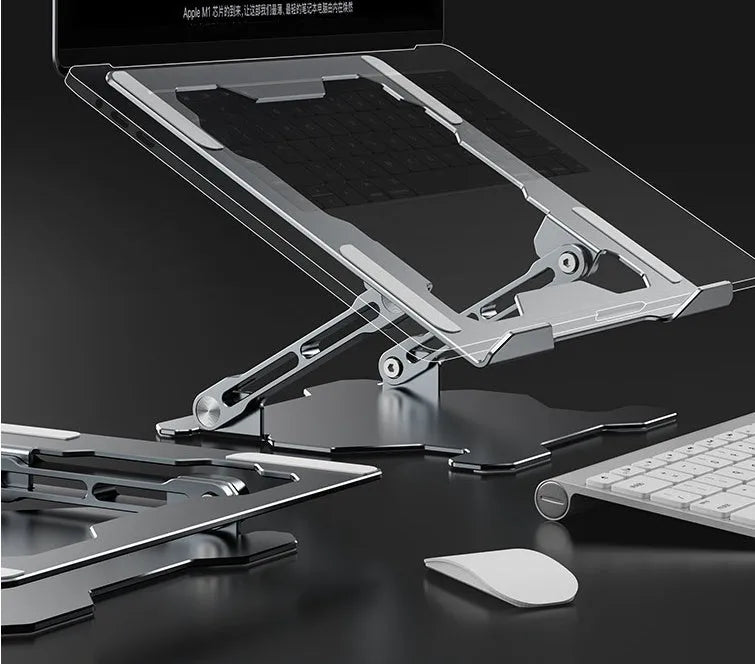 Grey adjustable aluminium laptop stand showing hollow construction and silicone protection pads