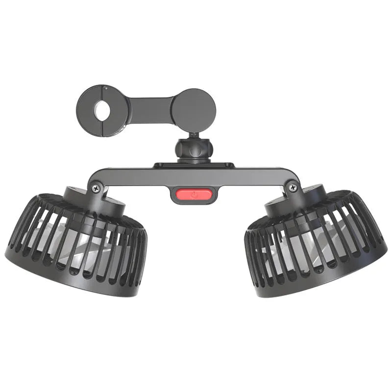 Black car rear electric fan with USB charging cable and adjustable head for vehicle ventilation