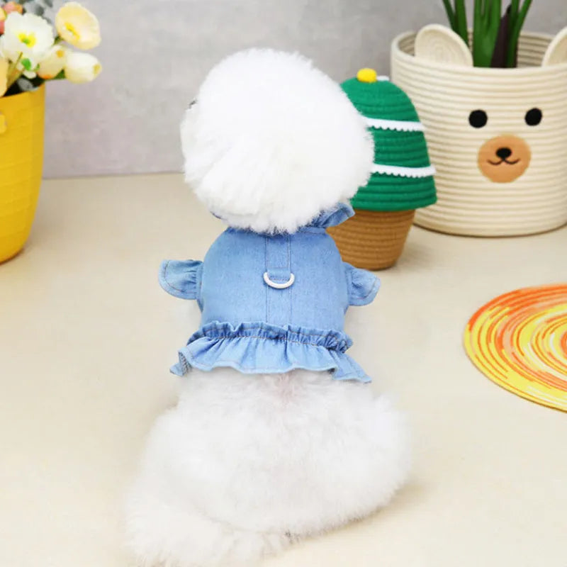 Blue denim pet dress with ruffled vest design for dogs and cats showing chest and back coverage