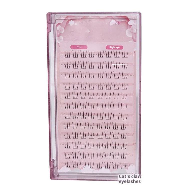 Set of 12-row sheer root false eyelashes with mixed 4-6mm lengths and pointed tails, plus kitten's paw lower lashes.