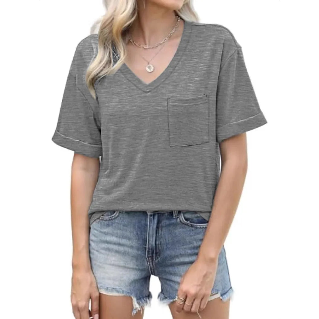Grey loose fit V-neck T-shirt with pocket and short sleeves on hanger
