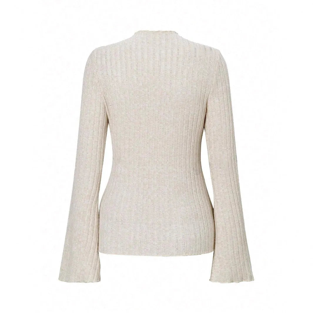 Long sleeve round neck top in black with lantern sleeves and brushed sunken stripe texture