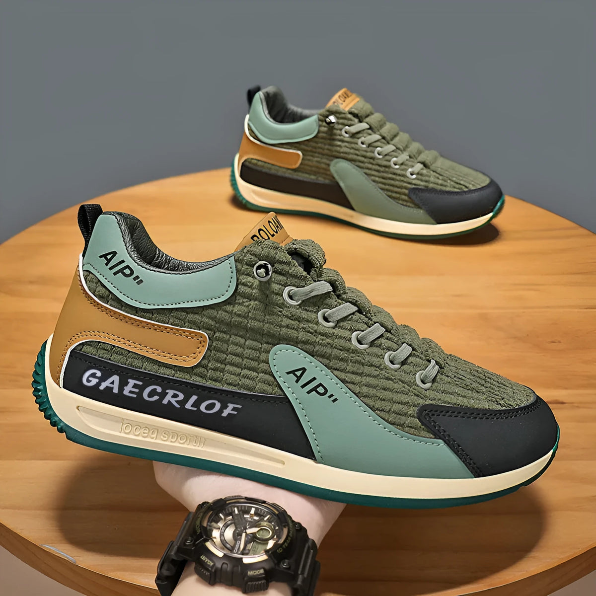 Men's grey and green mesh running shoes with viscose soles and lace-up fastening